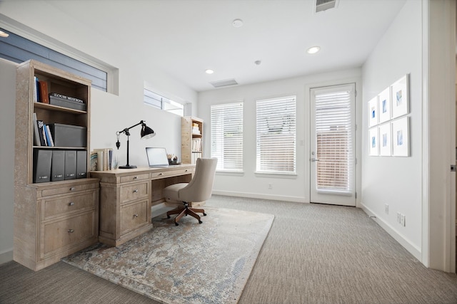 carpeted home office with recessed lighting, visible vents, and baseboards