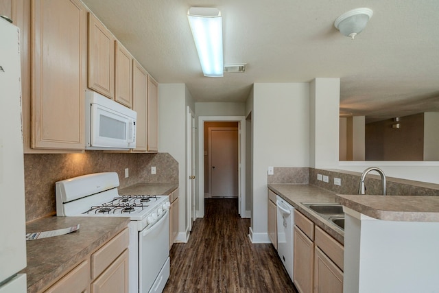 kitchen featuring dark hardwood / wood-style floors, light brown cabinets, decorative backsplash, and white appliances