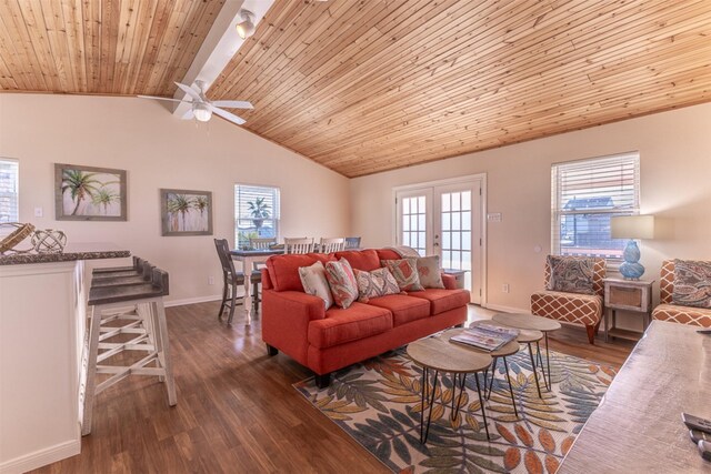 living room featuring ceiling fan, french doors, dark wood-type flooring, wooden ceiling, and lofted ceiling