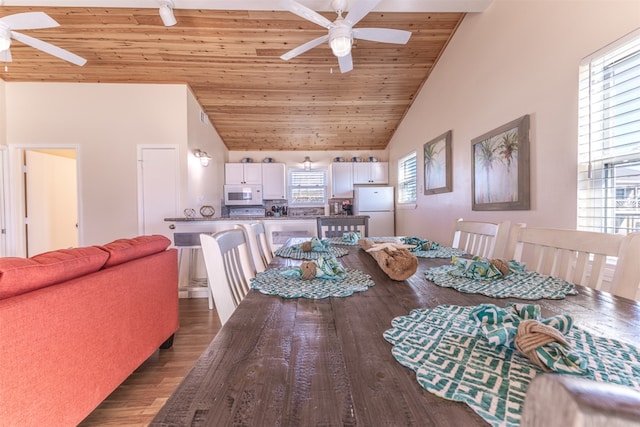 dining room featuring wooden ceiling, high vaulted ceiling, a ceiling fan, and dark wood-style flooring