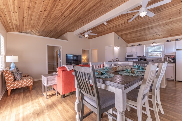 dining room with vaulted ceiling with beams, ceiling fan, light wood-type flooring, and wood ceiling