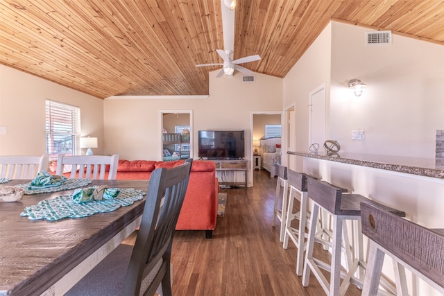 dining room featuring ceiling fan, visible vents, wood finished floors, and wooden ceiling