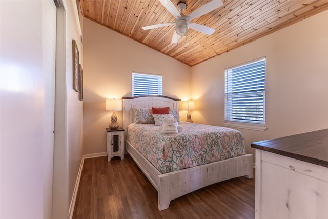 bedroom with multiple windows, dark hardwood / wood-style flooring, ceiling fan, and lofted ceiling