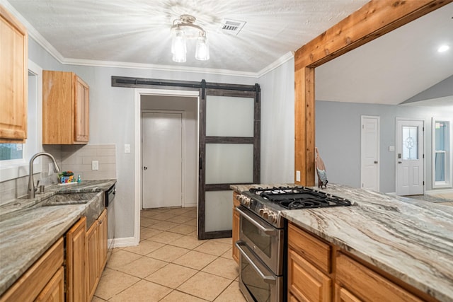 kitchen with light stone countertops, stainless steel appliances, sink, a barn door, and light tile patterned flooring