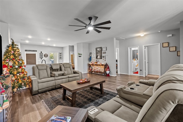 living room with ceiling fan and wood-type flooring