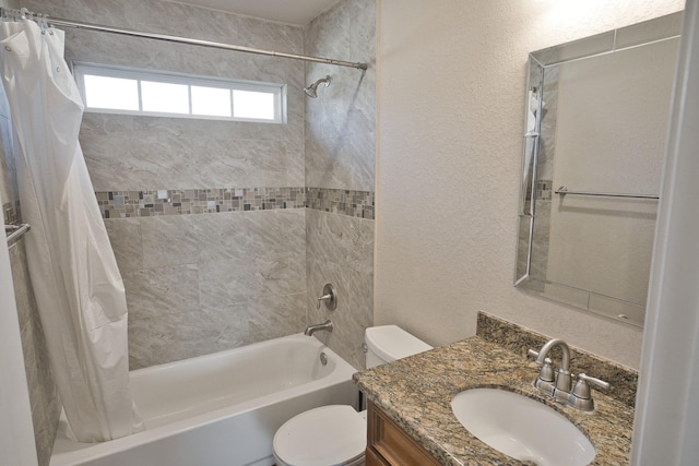 full bathroom featuring shower / bath combination with curtain, toilet, and vanity