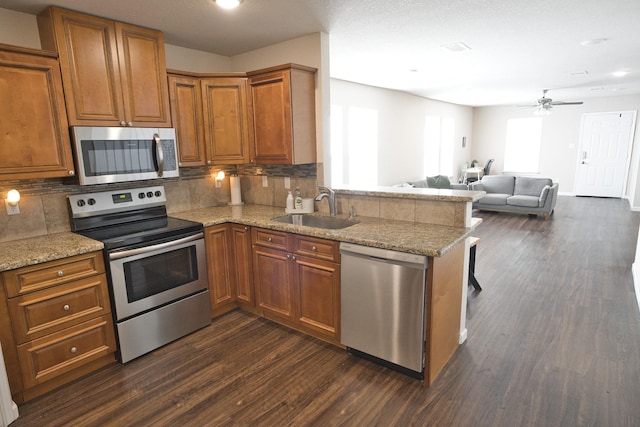 kitchen with dark hardwood / wood-style floors, decorative backsplash, sink, and appliances with stainless steel finishes