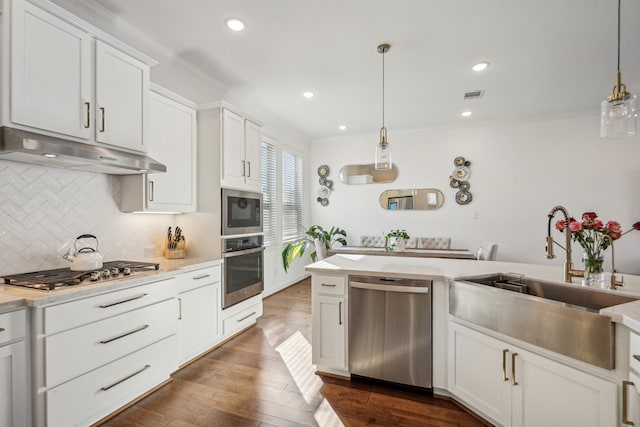 kitchen with white cabinetry, dark hardwood / wood-style flooring, decorative light fixtures, and appliances with stainless steel finishes