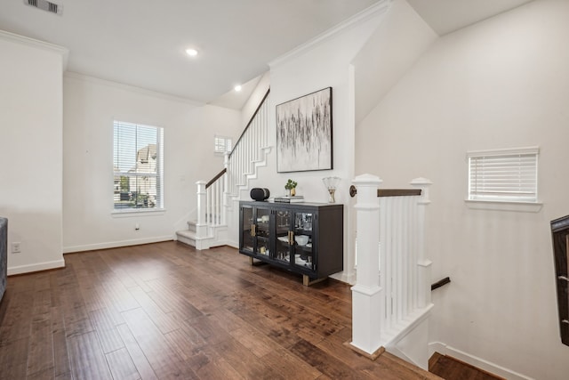 interior space featuring dark hardwood / wood-style flooring and crown molding