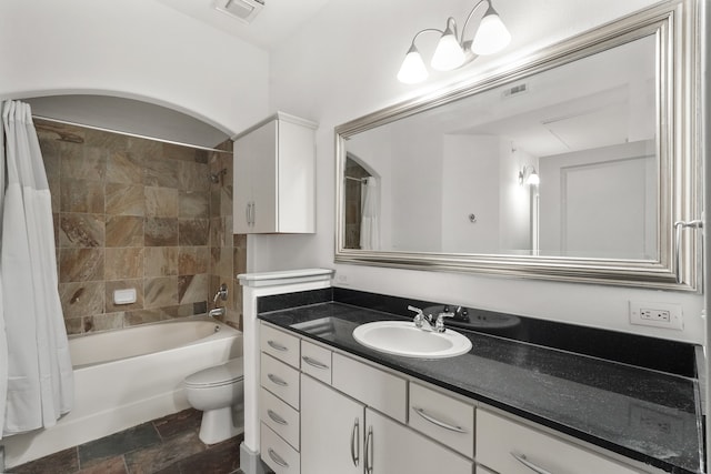 full bathroom with vanity, toilet, and shower / bathtub combination with curtain