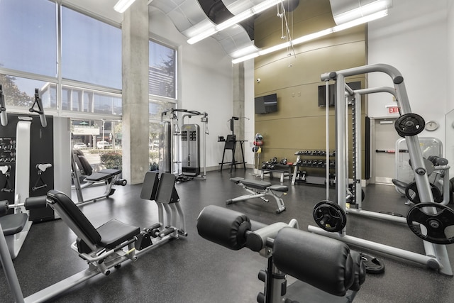 workout area with a high ceiling