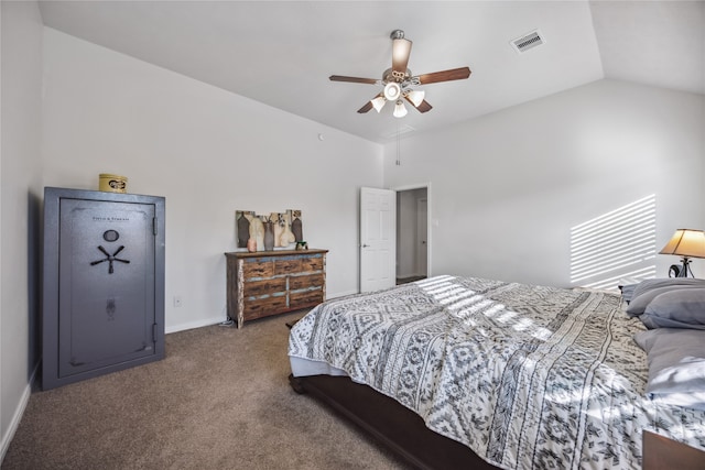 carpeted bedroom with vaulted ceiling and ceiling fan