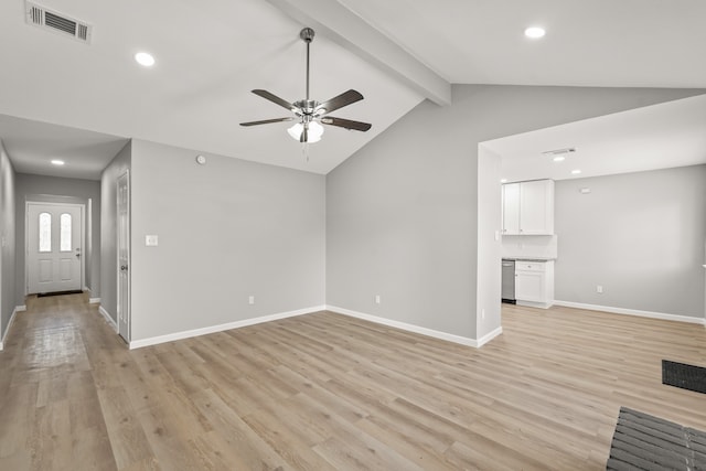 unfurnished living room featuring lofted ceiling with beams, light hardwood / wood-style floors, and ceiling fan