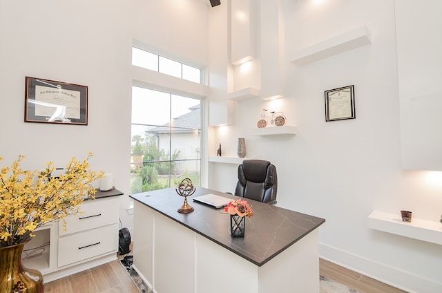 office space with light hardwood / wood-style flooring and a high ceiling