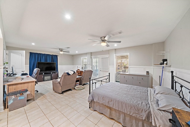 bedroom with light tile patterned floors and ceiling fan