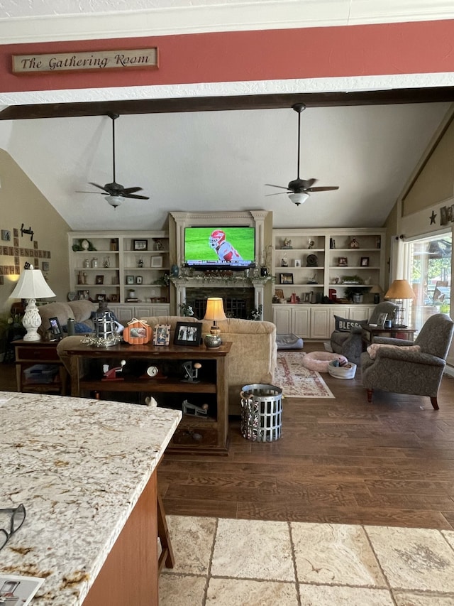 living room with wood-type flooring and vaulted ceiling