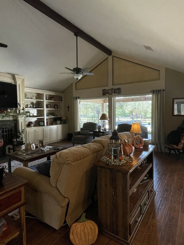 living room with ceiling fan, dark hardwood / wood-style floors, and vaulted ceiling