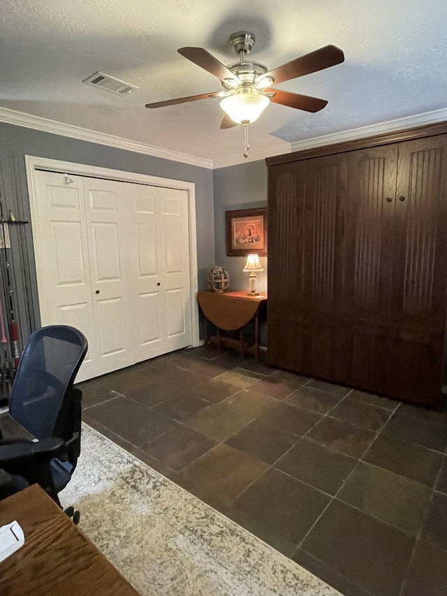 tiled office with ceiling fan and ornamental molding