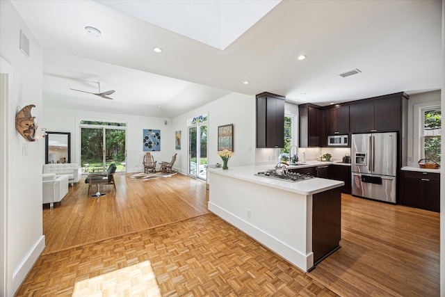 kitchen featuring kitchen peninsula, dark brown cabinets, stainless steel appliances, ceiling fan, and sink