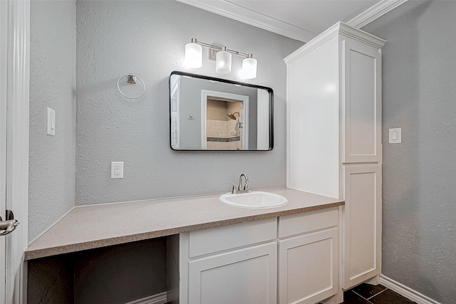 bathroom featuring vanity, walk in shower, and ornamental molding