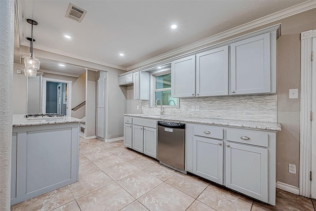 kitchen with gray cabinets, crown molding, and appliances with stainless steel finishes