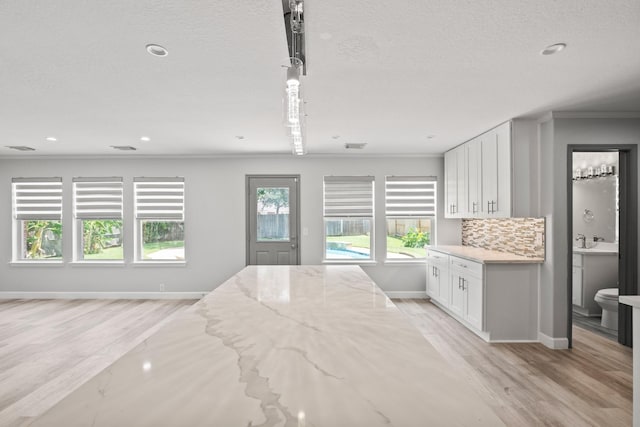 kitchen featuring tasteful backsplash, light stone counters, sink, light hardwood / wood-style flooring, and white cabinetry