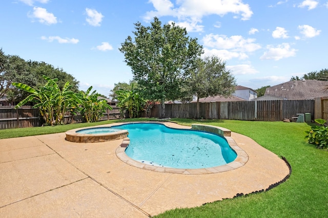 view of pool with a lawn, an in ground hot tub, and a patio