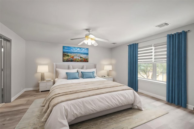 bedroom with ceiling fan and light wood-type flooring