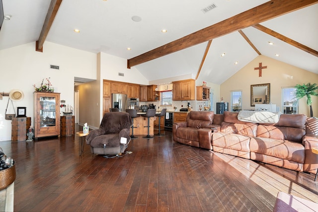 living room with beamed ceiling, wine cooler, dark hardwood / wood-style flooring, and high vaulted ceiling