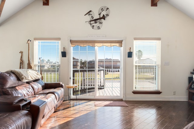 doorway to outside featuring hardwood / wood-style floors, beamed ceiling, and a healthy amount of sunlight