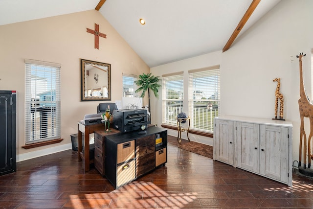 office space with beam ceiling, dark hardwood / wood-style flooring, high vaulted ceiling, and plenty of natural light