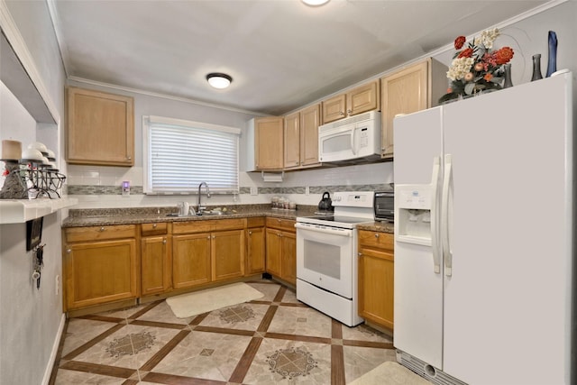 kitchen featuring light tile patterned floors, white appliances, ornamental molding, and sink