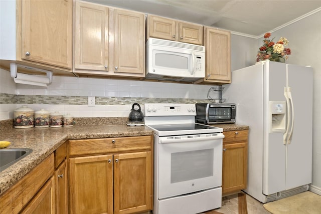 kitchen featuring light brown cabinetry, backsplash, ornamental molding, white appliances, and stone countertops