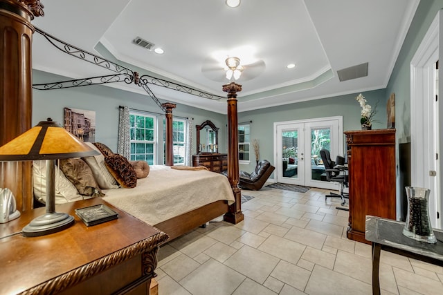 bedroom featuring french doors, ornamental molding, access to outside, a raised ceiling, and ceiling fan