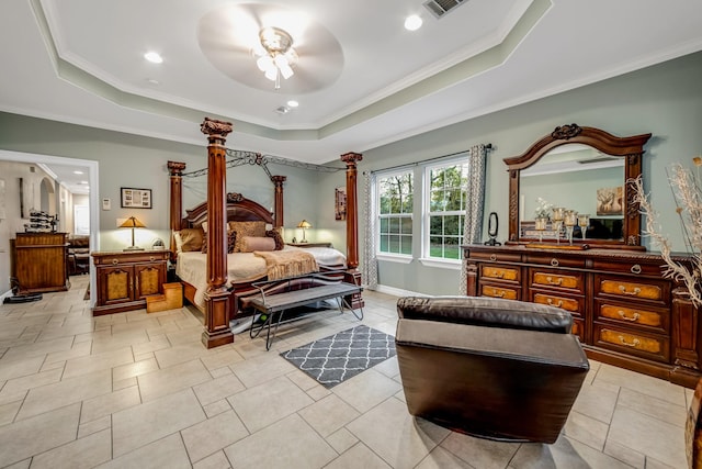 tiled bedroom with a raised ceiling, ceiling fan, and crown molding