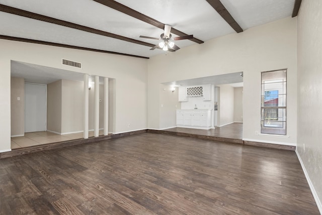 unfurnished living room with vaulted ceiling with beams, ceiling fan, wood-type flooring, and bar area