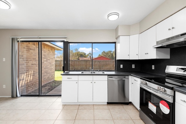 kitchen featuring backsplash, stainless steel appliances, white cabinetry, and sink