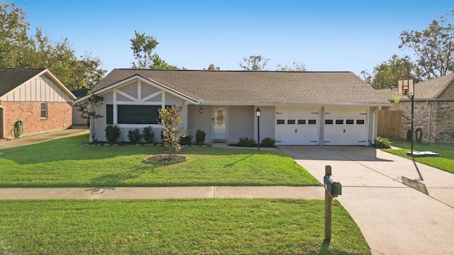 ranch-style house featuring a garage and a front lawn