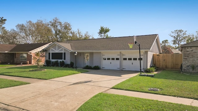 single story home with a garage and a front yard