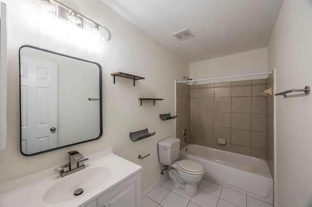 full bath featuring visible vents, toilet, vanity,  shower combination, and tile patterned floors