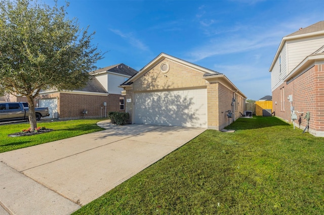 ranch-style home with driveway, an attached garage, a front yard, and brick siding