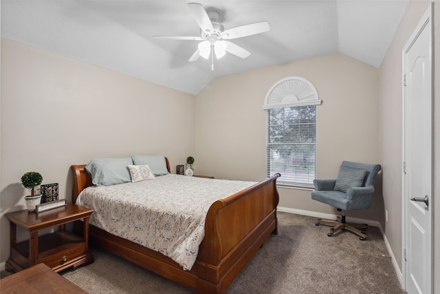 carpeted bedroom featuring ceiling fan and lofted ceiling