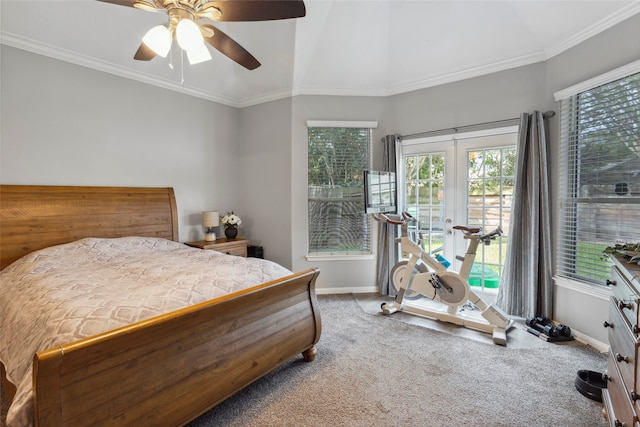 bedroom featuring carpet flooring, ceiling fan, french doors, and crown molding