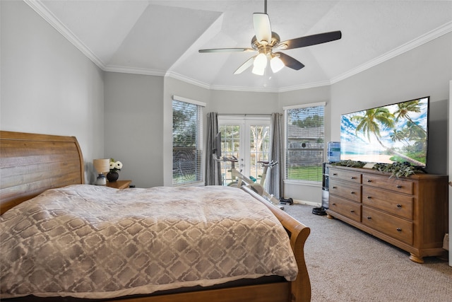 bedroom featuring carpet, french doors, vaulted ceiling, ceiling fan, and ornamental molding