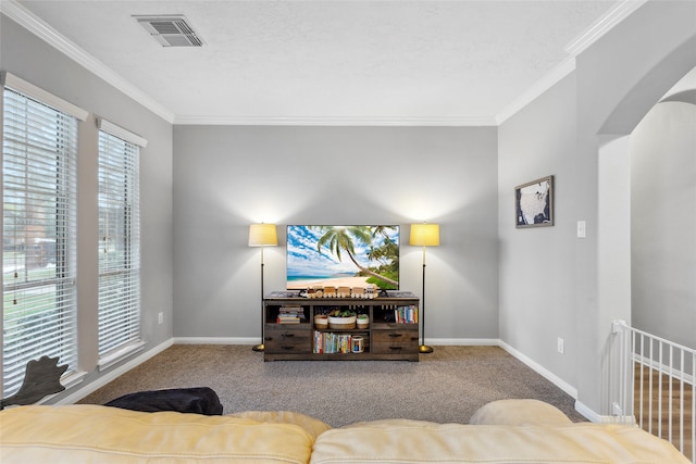 living room featuring carpet flooring and crown molding