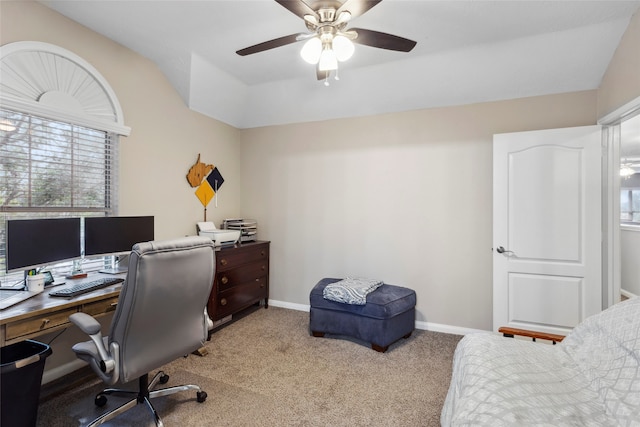 carpeted office featuring ceiling fan and lofted ceiling