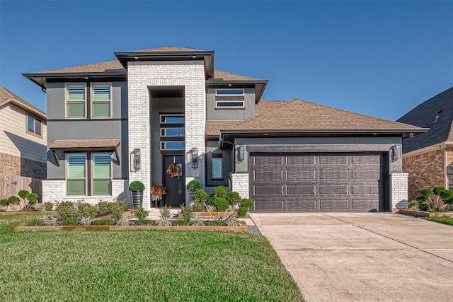 prairie-style home with a garage and a front lawn