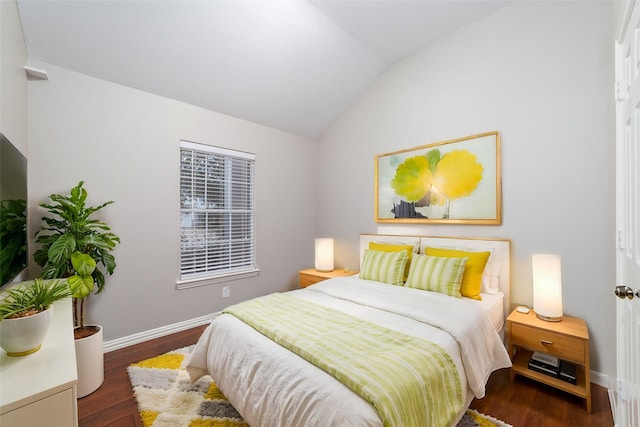 bedroom with dark hardwood / wood-style floors and lofted ceiling