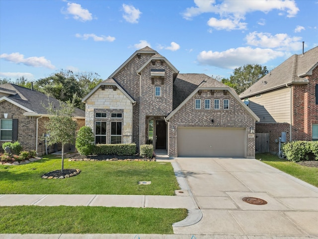 view of front of home featuring a front yard and a garage