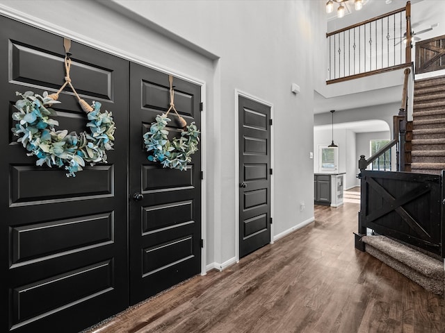 entryway featuring dark wood-type flooring and a high ceiling